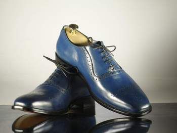 New Mens Handmade Blue Color Leather Brogue Toe Fancy Shoes, Men Beautiful Bespoke Leather Shoes