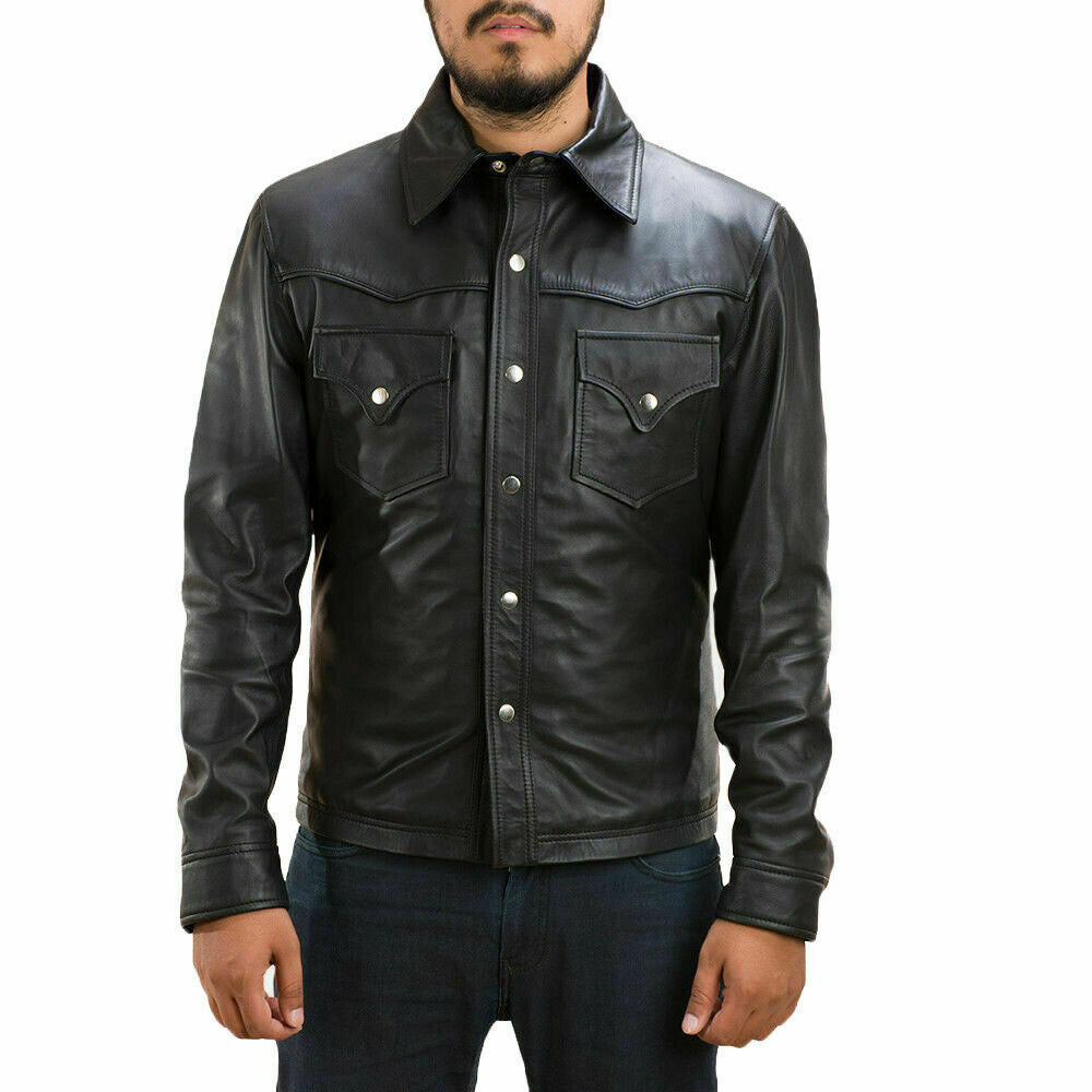 New Men's Genuine Lambskin Leather Biker Jacket, Black Leather button shirt Jacket