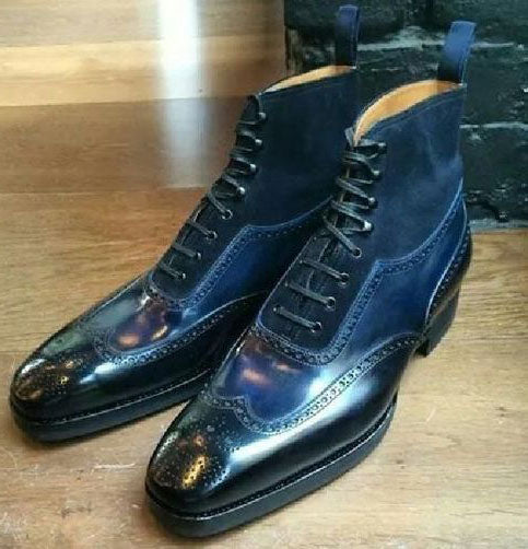 New Men's Handmade Blue Wing Tip Brogue Boots, Men Leather Suede Designer Boots