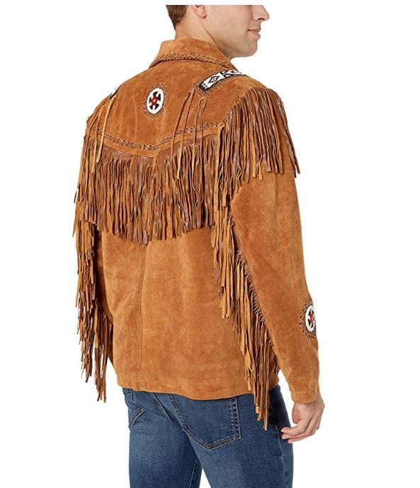 New Men's Brown Fringed & Bones Cowboy Style Suede Leather Jacket