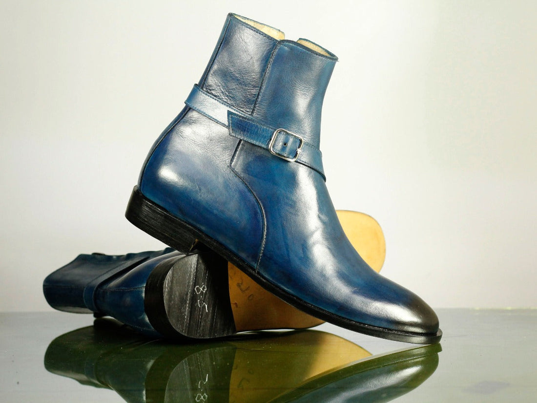 New Handmade Men's Blue Leather Jodhpur Boots, Men Ankle Boots, Men Designer Boots