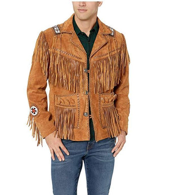 New Men's Brown Fringed & Bones Cowboy Style Suede Leather Jacket