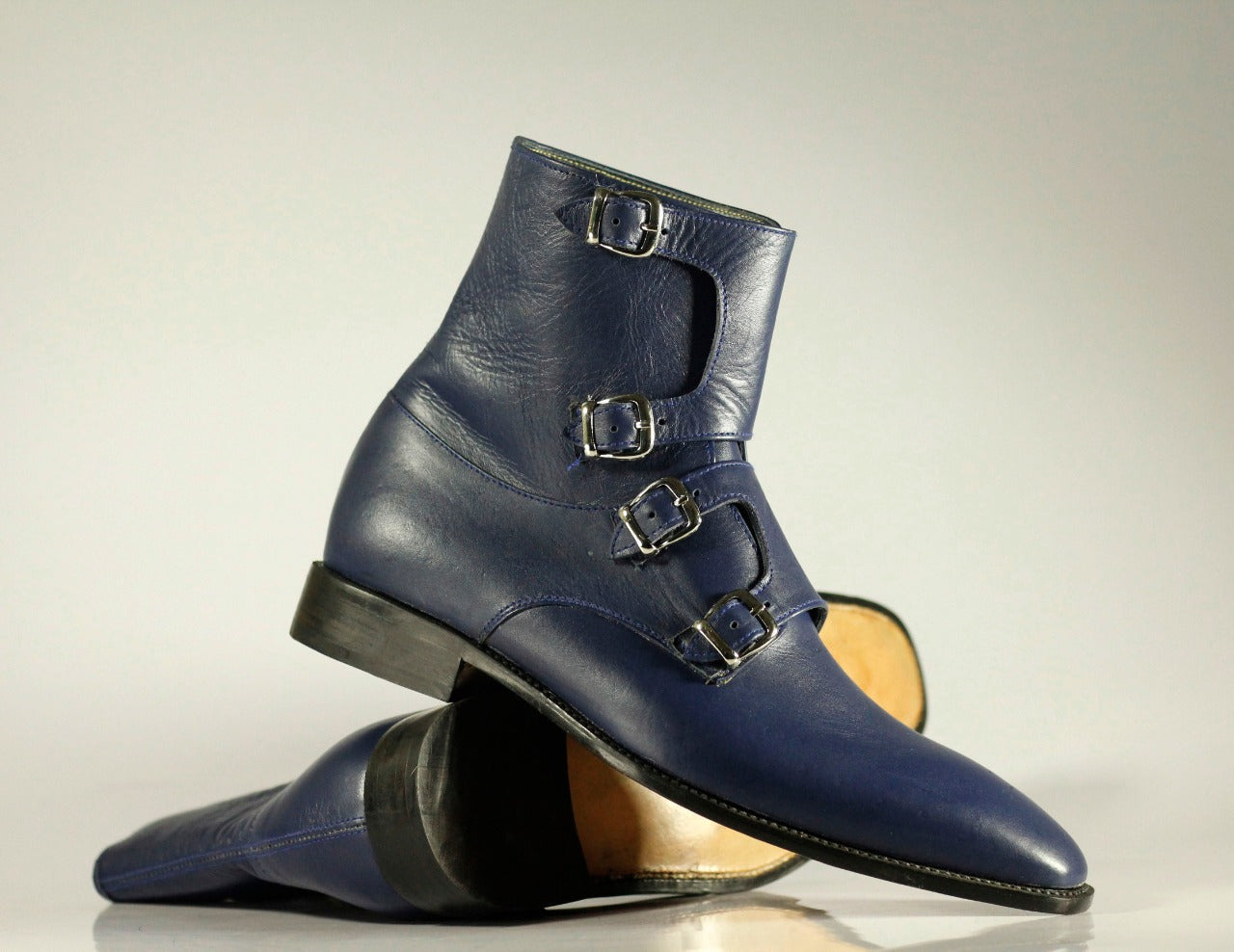 Men’s Handmade Blue Color Quad Monk Strap Leather High Ankle Boots, Men Designer Boots