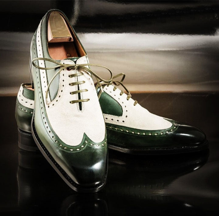 Stylish Men Handmade White & Green Color Leather Shoes, Wing Tip Lace Up Shoes