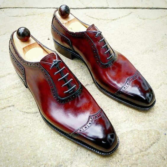 Stylish Men Oxford Maroon Burnished Toe WaNew Stylish Men Oxford Maroon Burnished Toe Wing Tip Premium Leather Lace Up Shoesing Tip Premaium Leather Lace Up Shoes