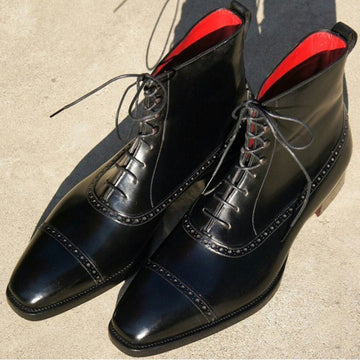 Mens Handmade Black Color Cap Toe Lace Up Formal Designer Boots, Men’s Handcraft Leather Shoes