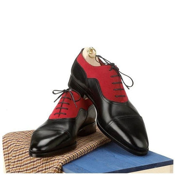 New Stylish Handmade Black &amp; Red Oxford Leather &amp; Suede Lace Up Dress Shoes