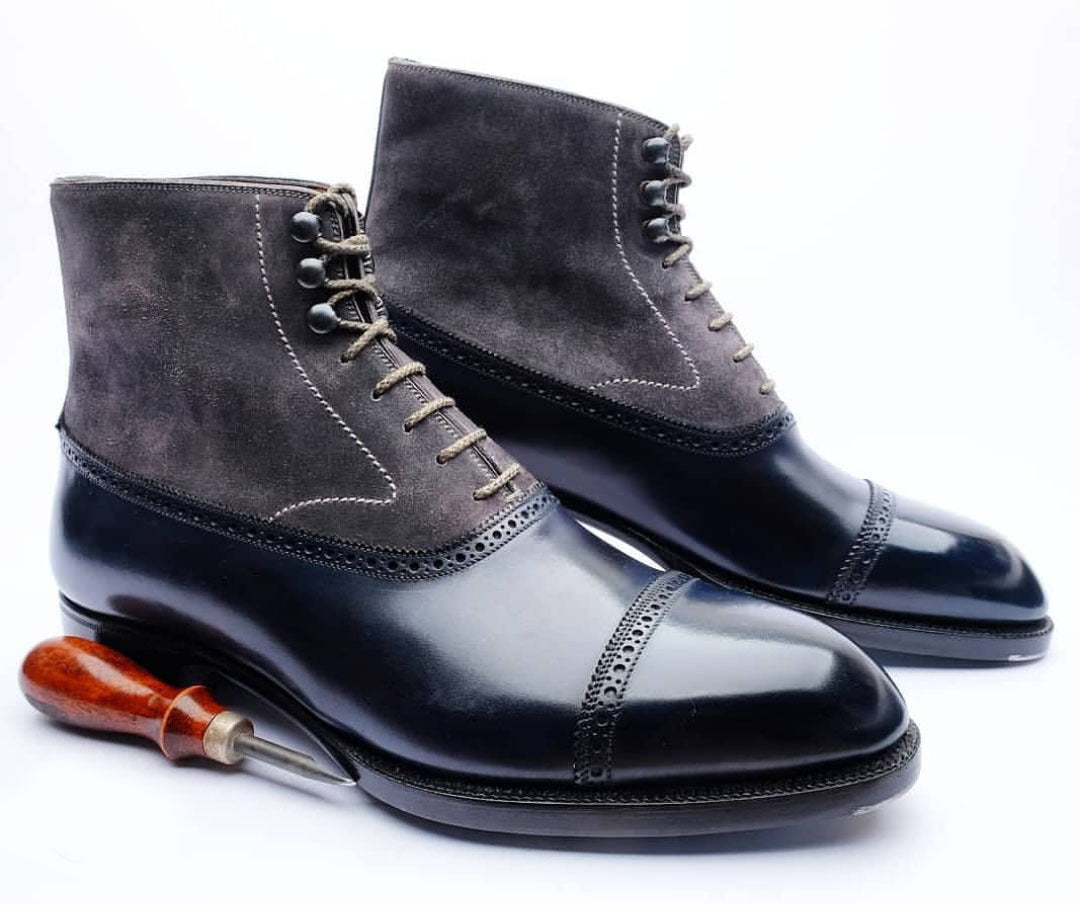 New Stylish Handmade Men's Black &amp; Gray leather &amp; Suede Boots, Men's Lace up Cap Toe Boots