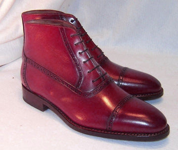 New Stylish Handmade Men's Burgundy Cap Toe Lace Up Boots, Men Ankle Boots