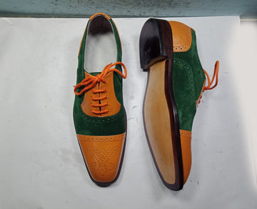 Stylish Handmade Mens Two Tone Designer Brogue Shoes, Mens Leather Suede Green Tan Lace Up Shoes