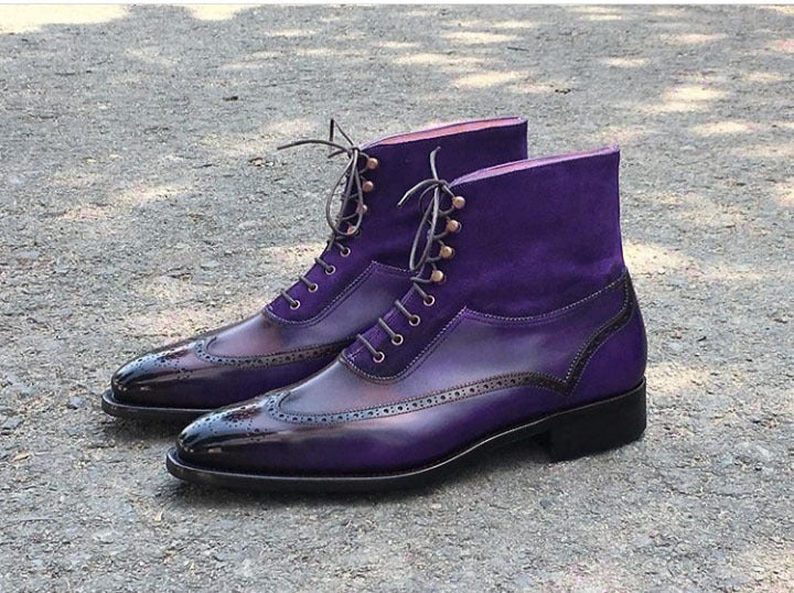 New Stylish Handmade Leather &amp; Suede Wing Tip Brogue Boots, Men's Purple Color Lace Up Boots