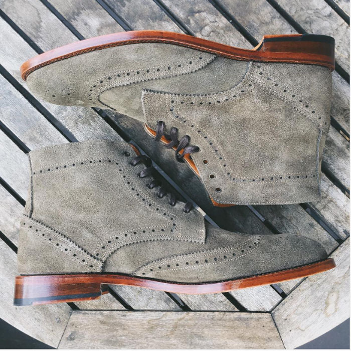 New Stylish Handmade Wing Tip Gray Suede Lace Up Brogue Ankle-High Boots, Men's Suede Gray Boots