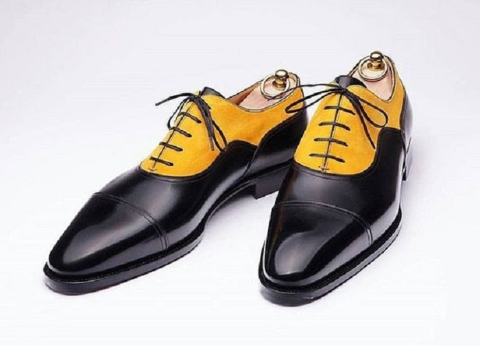 Stylish  Handmade Men’s Leather & Suede Lace Up Shoes, Men Yellow & Black Cap Toe Shoes