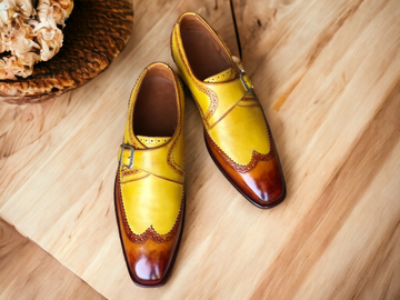 Mens Handmade Leather Brown Yellow Wingtip Brogue Shoes, Men’s Monk Strap Leather Shoes