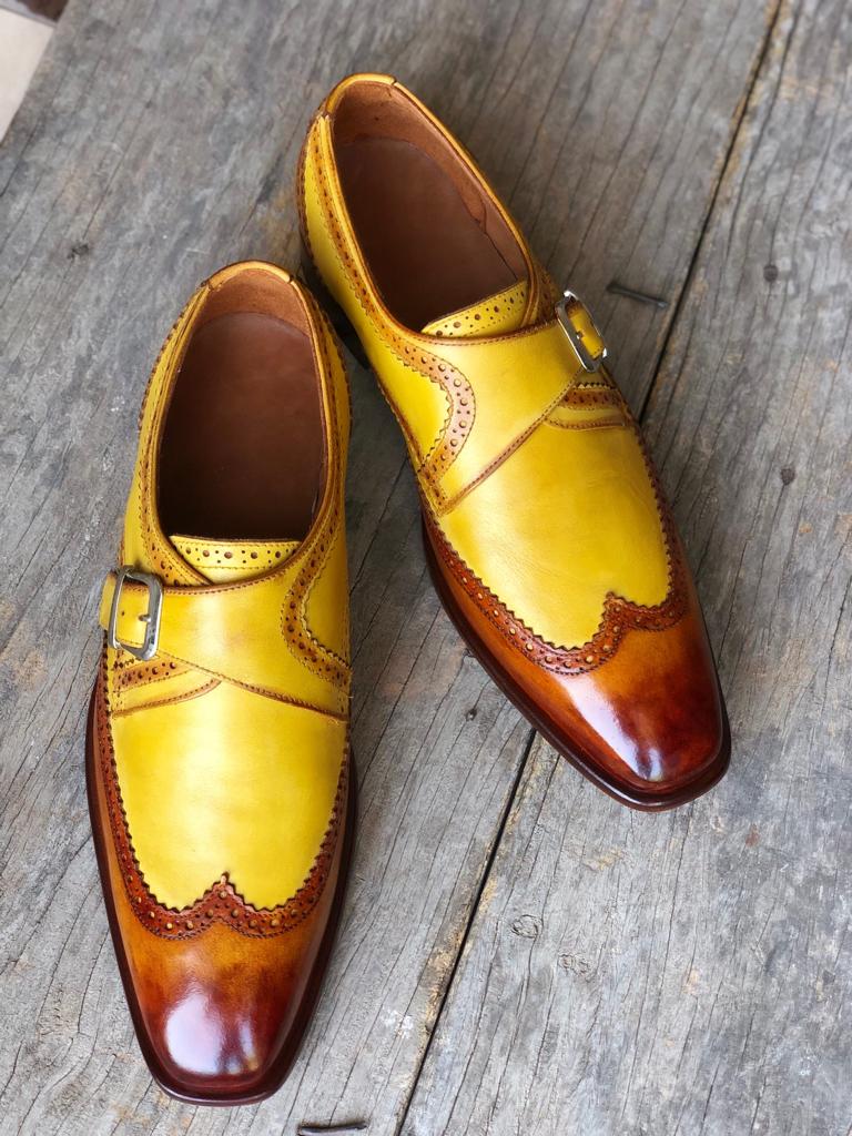 Handmade Men's Two Tone Yellow Brown Leather Wing Tip  Monk Strap Shoes, Men Designer Dress Formal Luxury Shoes