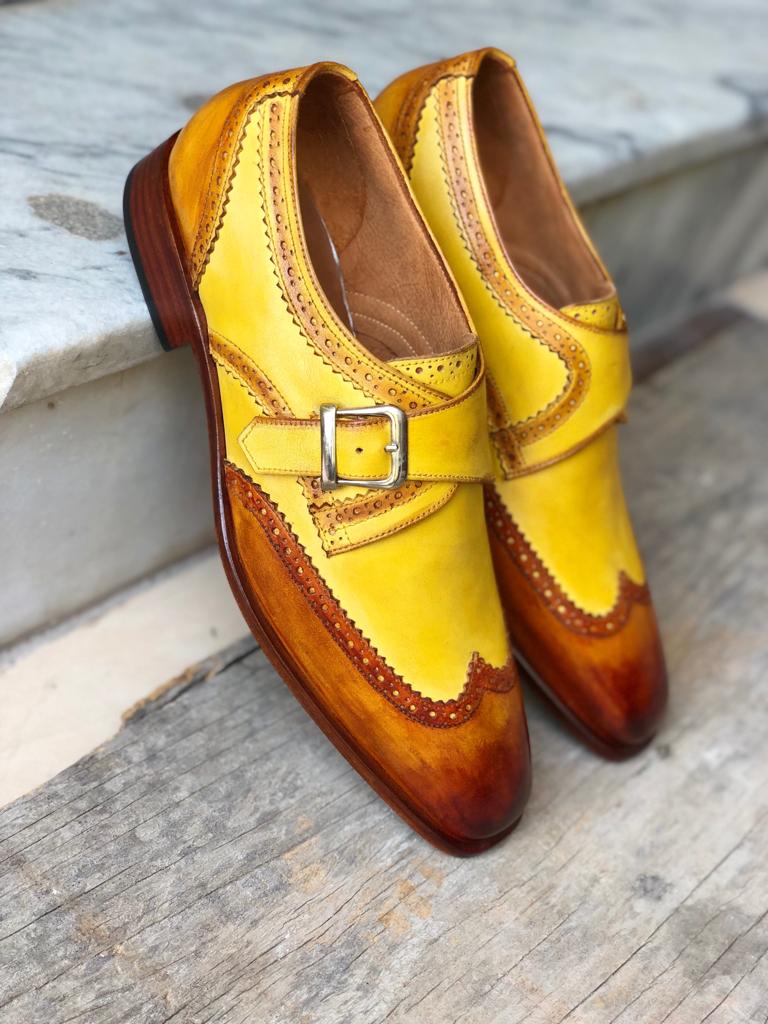 Handmade Men's Two Tone Yellow Brown Leather Wing Tip  Monk Strap Shoes, Men Designer Dress Formal Luxury Shoes