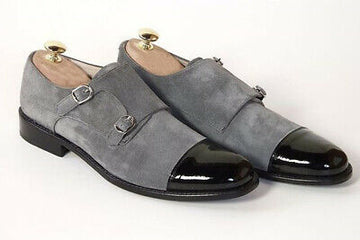 New Stylish Men's Black &amp; Gray Handmade Suede &amp; Leather Double Buckle Monk Strap Shoes