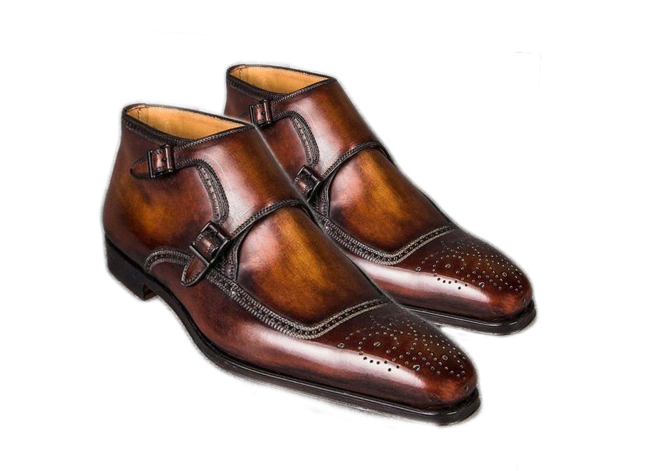 New Stylish Handmade Men's Brogue Double Monk Strap Shoes, Pure Leather Men's Brown Shoes