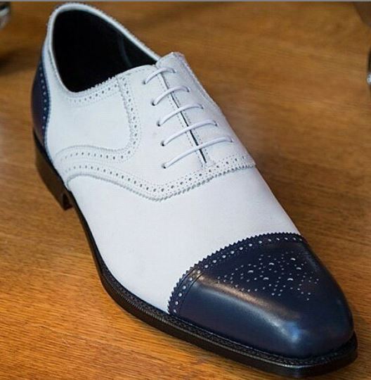 New Latest Handmade White &amp; Blue Two Tone Stylish Men's Leather Lace Up Brogue Toe Shoes