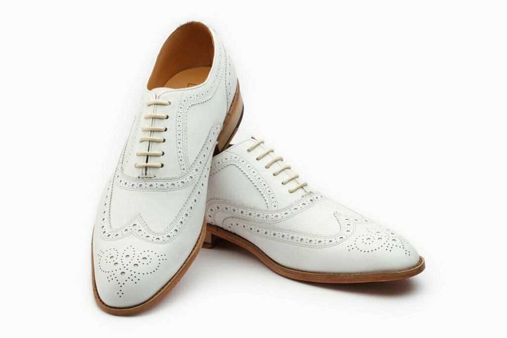 New Stylish Men's White Brogue Toe Wing Tip Premium Leather Oxford Handmade Shoes