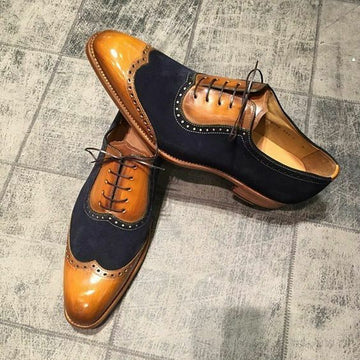 Stylish Men's Handmade leather &amp; Suede shoes, Tan and Black Two Tone Dress Shoes