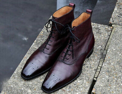 Stylish New Men's Handmade Burgundy Brogues Leather Ankle High Lace Up Boots