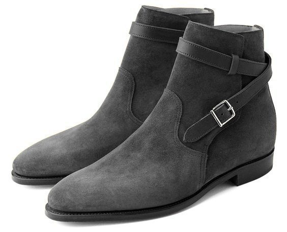 Designers Men's Handmade Gray Suede Ankle High Buckle Strap Boots, Custom Made Men Boots