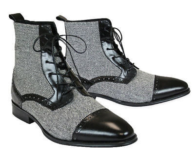 Stylish Handmade Men's Leather &amp; Tweed Boots, Black and Gray Ankle Lace Up boots For Men