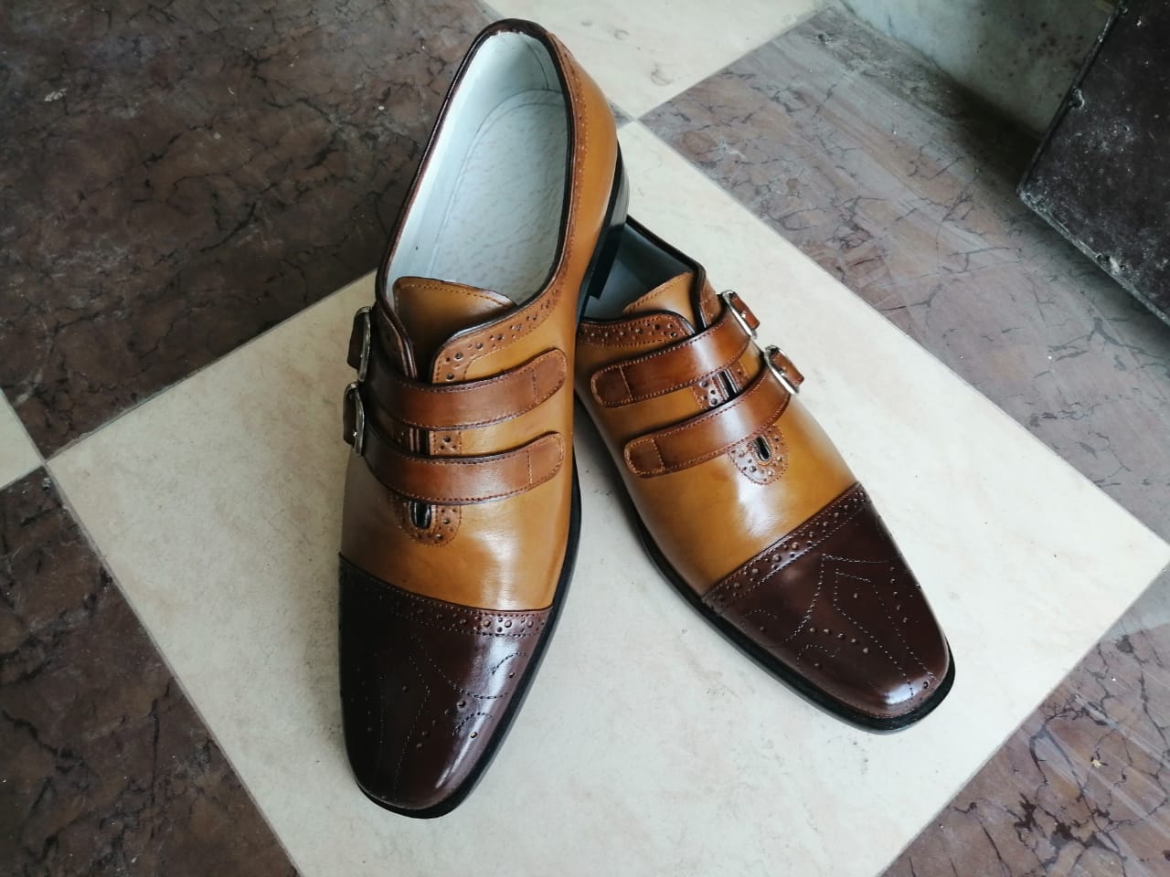 New Handmade Men's Tan Brown Leather Cap Toe Brogue Buckle Straps Shoes, Men Dress Formal Shoes