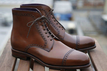 New Stylish Men's Handmade Ankle High Brown Lace Up Cap Toe Boots, Men Custom Made Dress Boots