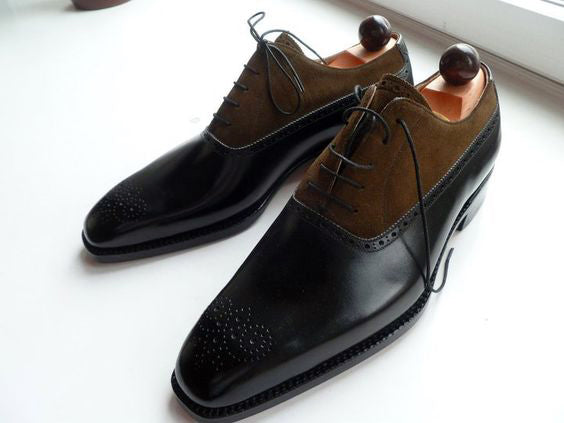 New Stylish Men's Handmade Chocolate Brown Leather &amp; Suede Lace Up shoes, Men Stylish Dress shoes