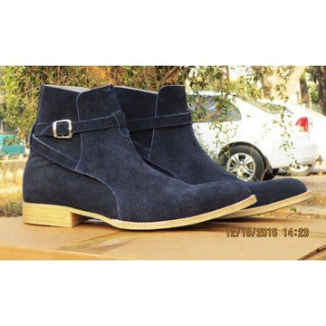 Stylish Men's Handmade Blue Jodhpur Suede Buckle Stylish Boots, Formal Ankle High Boots