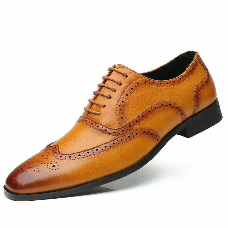 New Stylish Men's Handmade Tan Leather Lace Up Wing Tip Burnished Toe Brogue Dress shoes