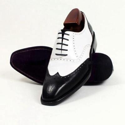 Handmade Men’s Two Tone Wingtip Brogue Leather Shoes, Mens White Black Lace Up Shoes