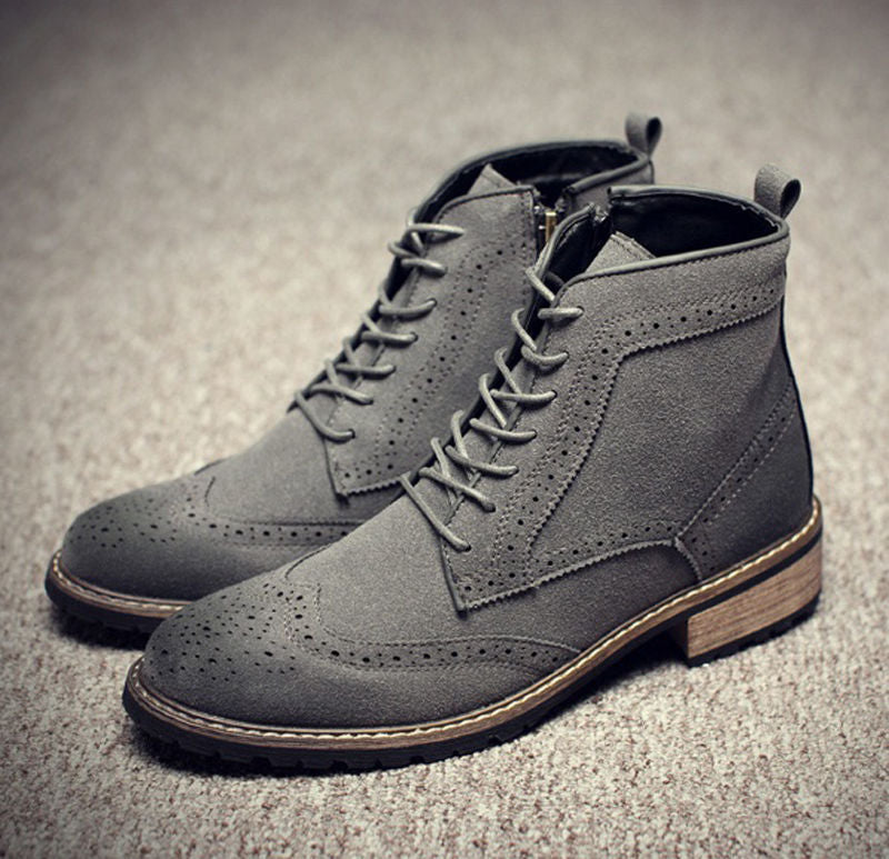 New Stylish Men's Handmade Gray Suede Brogue Lace Up Boots, Men Suede Gray Casual Boots