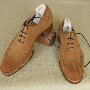 New Stylish Men's Handmade Camel Color Suede Rounded Tow Brogue Dress Shoes