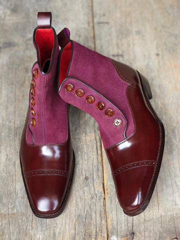 New Stylish Men's Handmade Maroon &amp; Purple Leather &amp; Suede Boots, Men Casual Ankle High Boots