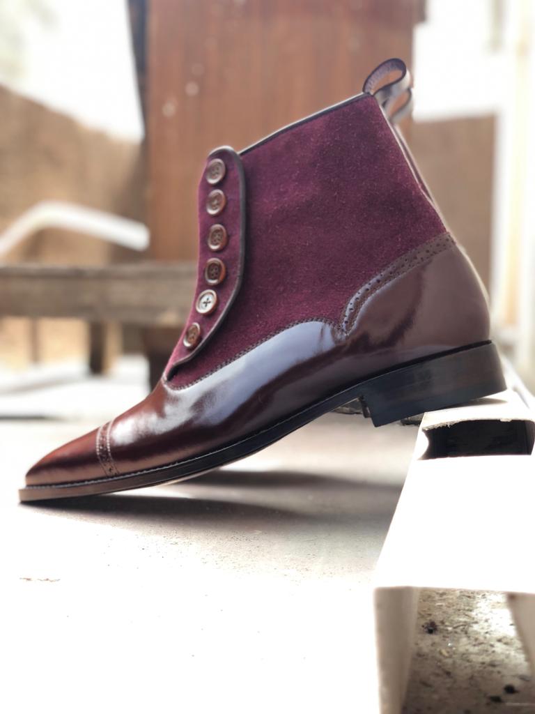 New Stylish Men's Handmade Brown &amp; Purple Leather &amp; Suede Boots, Men Casual Ankle High Boots