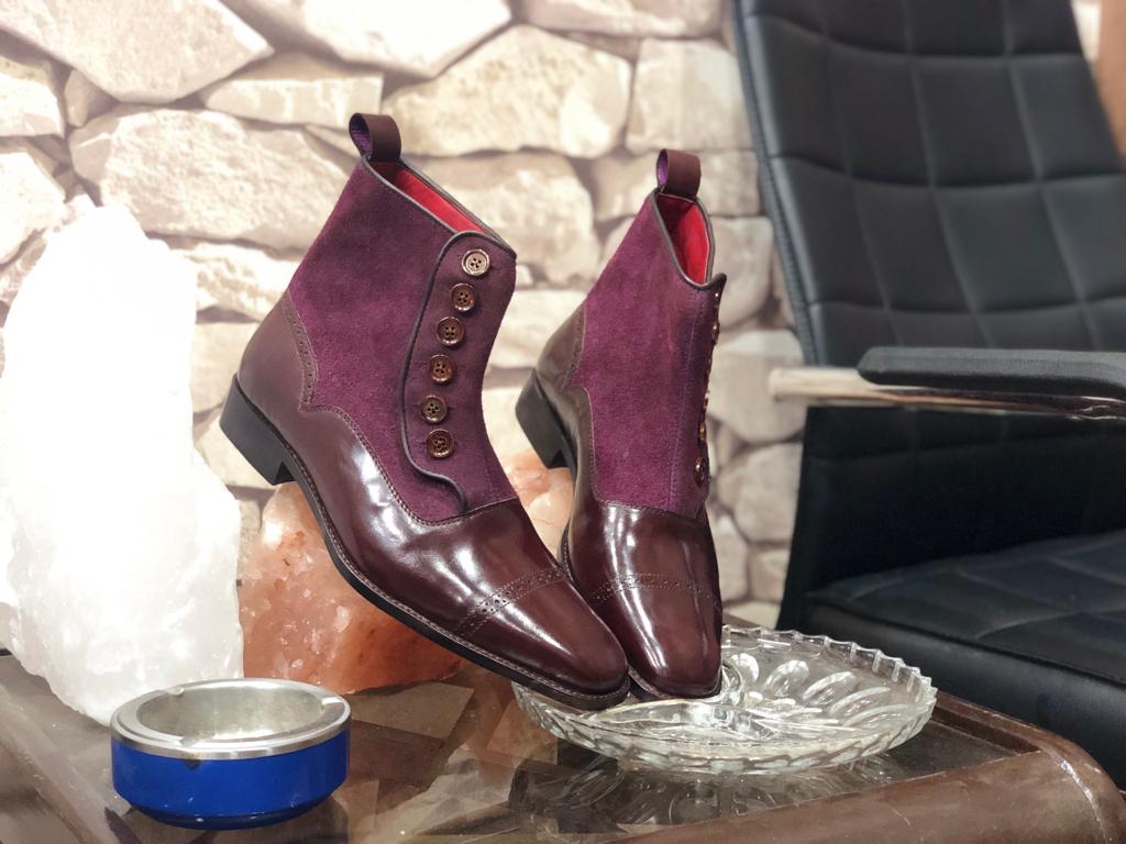 New Stylish Men's Handmade Brown &amp; Purple Leather &amp; Suede Boots, Men Casual Ankle High Boots