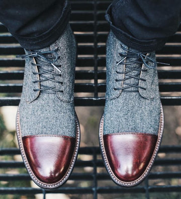 Stylish Men's Handmade Burgundy &amp; Gray Ankle High Leather &amp; Tweed Lace Up Boots