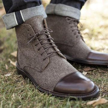 New Stylish Men's Handmade Brown &amp; Gray Ankle High Leather &amp; Tweed Lace Up Boots