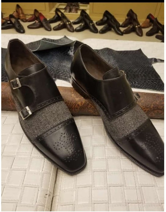 New Stylish Handmade Men's Black &amp; Gray Double Monk Strap Tweed &amp; Leather Brogue Shoes