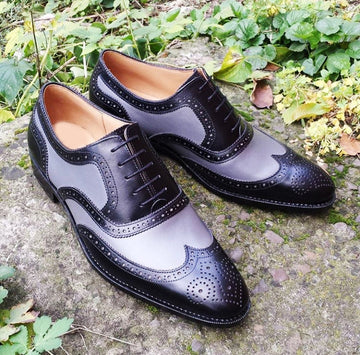 New Stylish Men's Handmade Gray &amp; Black Leather Wing Tip Brogue Lace Up Dress Shoes