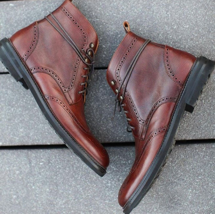 New Stylish Handmade Men's Wing Tip Brogue Leather Boots, Men Brown Ankle High Lace Up Boots