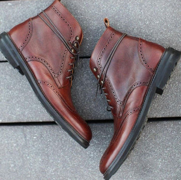 New Stylish Handmade Men's Wing Tip Brogue Leather Boots, Men Brown Ankle High Lace Up Boots