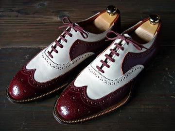 Stylish Men's Handmade Burgundy & White Leather Wing Tip Brogue Lace Up Shoes