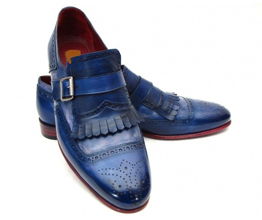 New Men's Handmade Blue Single Monk Strap Leather Fringed Shoes, Men Dress Shoes