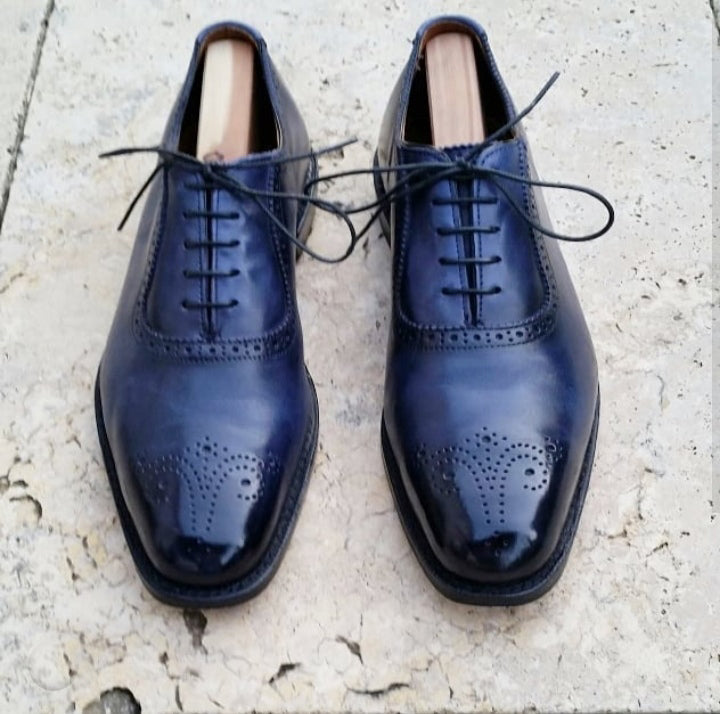 Mens Handmade Elegant Navy Color Brogue Lace Up Leather Shoes, Men’s Awesome Dressing Shoes