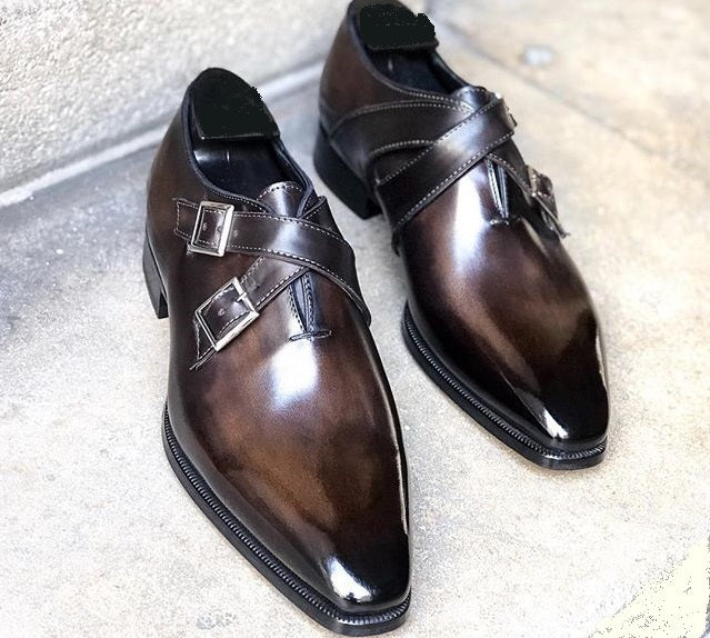 New Stylish Men's Handmade Dark Brown Double Monk Leather Shoes, Men Dress Buckle Shoes