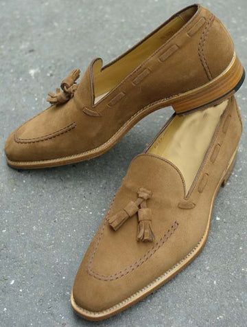 New Stylish Men's Handmade Camel Color Suede Tassel Loafers, Men's Suede Tussle Shoes